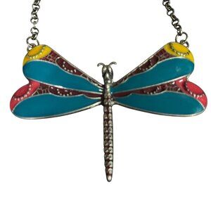 Dragonfly Pendant Necklace Multicolor Enamel Silver-Tone Bohemian Nature Inspire